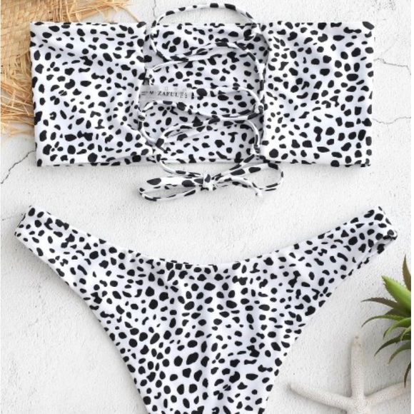 2/25$ - Zaful Dalmatian Print Back Lace-Up Bikini - Picture 2 of 5